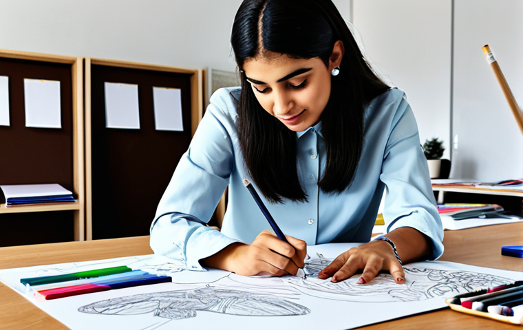 Design Studio - Concept to Sketch**

"A bright and airy design studio, featuring a female Arab fashion designer sketching clothing designs on a large drawing table. Swatches of colorful fabrics are scattered around, and a mood board displays inspiration images. The designer is wearing modest, professional attire.  Focus on the creative process and initial concept development.  Perfect anatomy, correct proportions, natural pose, well-formed hands, proper finger count, professional, fully clothed, appropriate content, safe for work, family-friendly."

**