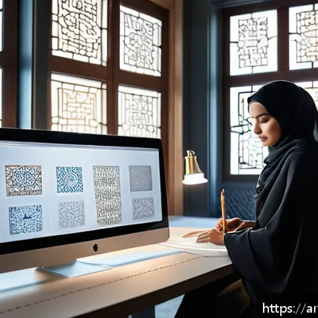 의류기술 설계 소프트웨어 활용 - A modern digital fashion design studio scene featuring an Arabic female designer wearing modest, sty...