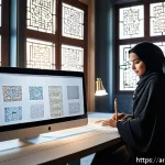 의류기술 설계 소프트웨어 활용 - A modern digital fashion design studio scene featuring an Arabic female designer wearing modest, sty...
