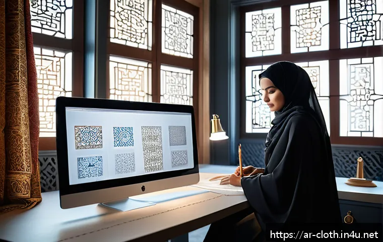 의류기술 설계 소프트웨어 활용 - A modern digital fashion design studio scene featuring an Arabic female designer wearing modest, sty...