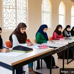 의류기술 실기 교육 기관 추천 - A modern training center classroom in the Middle East focused on fashion design, featuring a diverse...