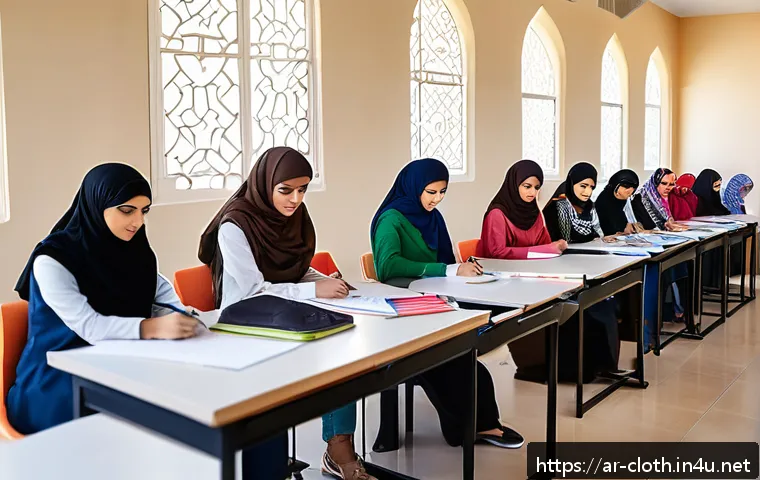의류기술 실기 교육 기관 추천 - A modern training center classroom in the Middle East focused on fashion design, featuring a diverse...