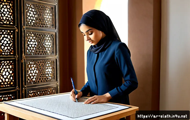 의류기술과 연관된 디자인 툴 - Photorealistic fashion technology workspace in a contemporary Arab design studio, modest Arab female...
