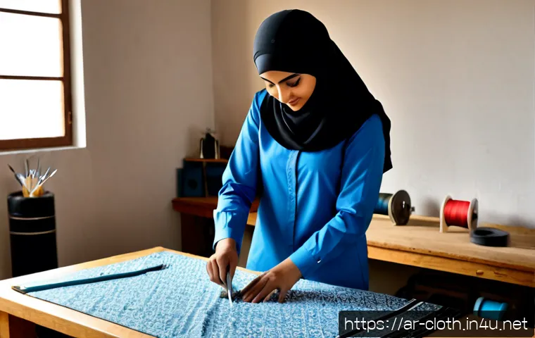 Home 17 의류기술 실무에서 필요한 도구 - Photorealistic apparel technology workstation in a modern Middle Eastern fashion studio, neatly arra...